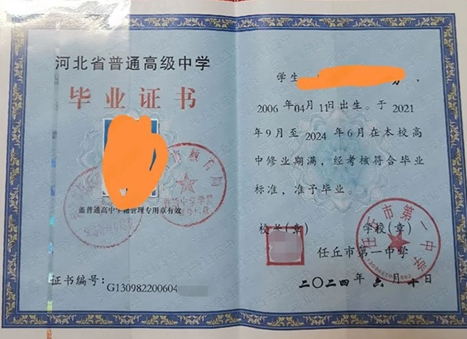 安庆任丘市第一中学高中毕业证样本图片